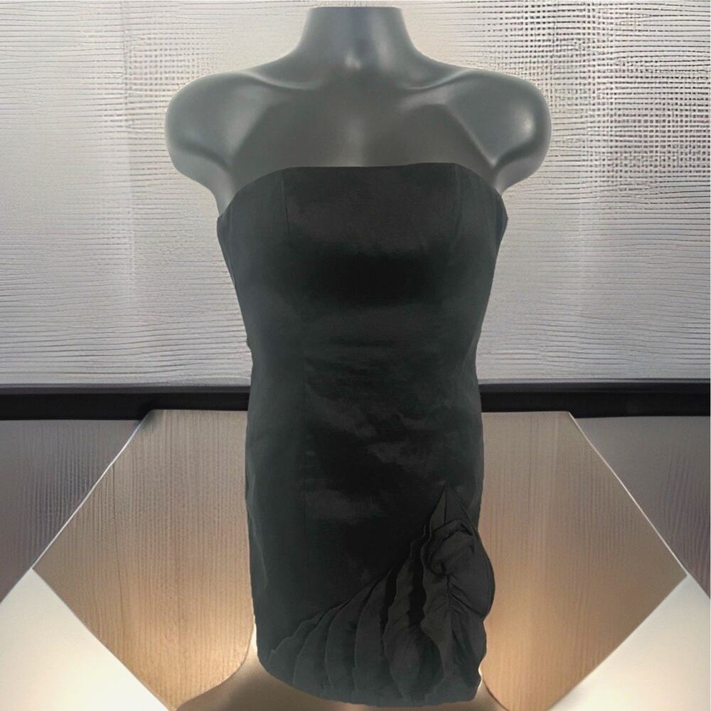 VTG 90s Y2k Cache Strapless Dress Ruffles Flower Corset Black Shimmer Satin Prom